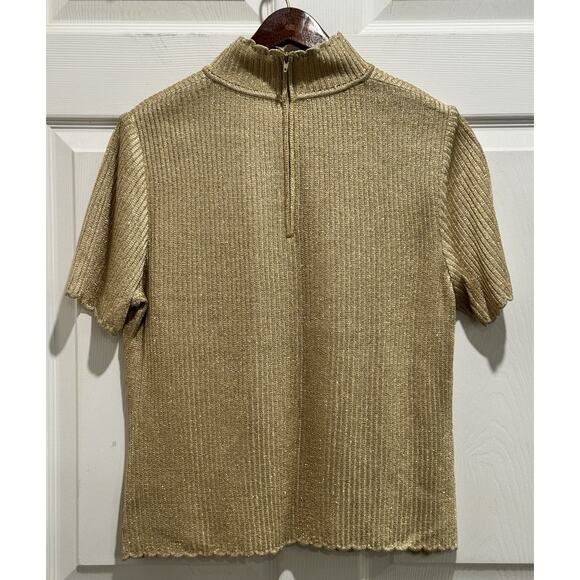St John Basics Gold Metallic Knit Short Sleeve Scallop Mock Neck Sweater Sz S - Picture 4 of 7